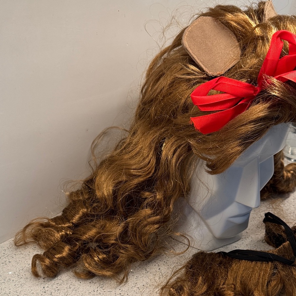 Cowardly Lion Curly Hair Wig with Red Bow along with beard costume - Picture 3 of 6